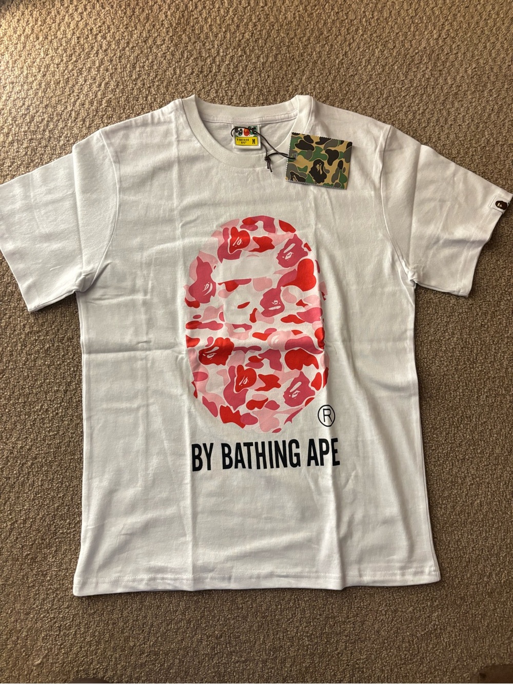 White T‑Shirt with Pink & Red Camo Ape Head